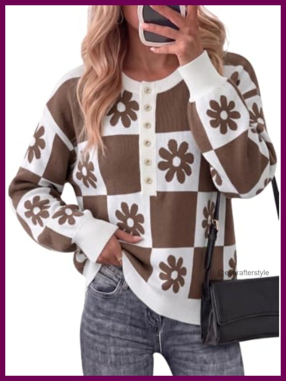 Womens Plaid Floral Crewneck Sweater